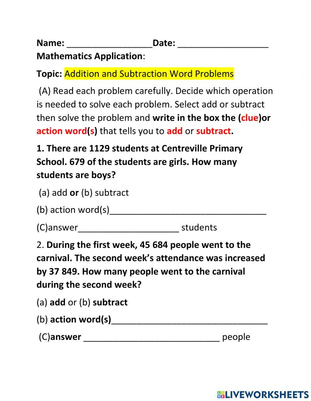 Addition and Subtracting Word Problems