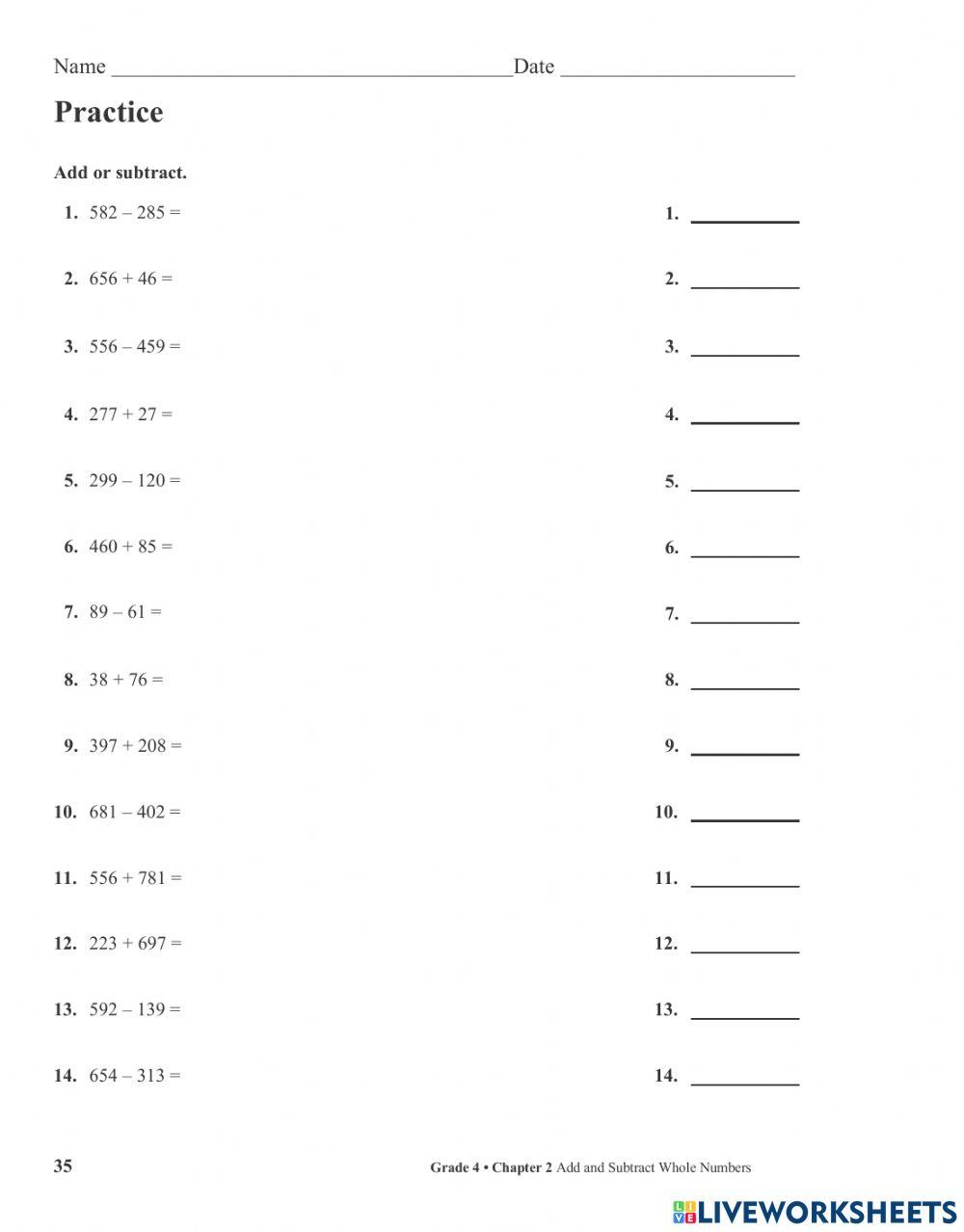 Add and substract whole numbers worksheet Live Worksheets
