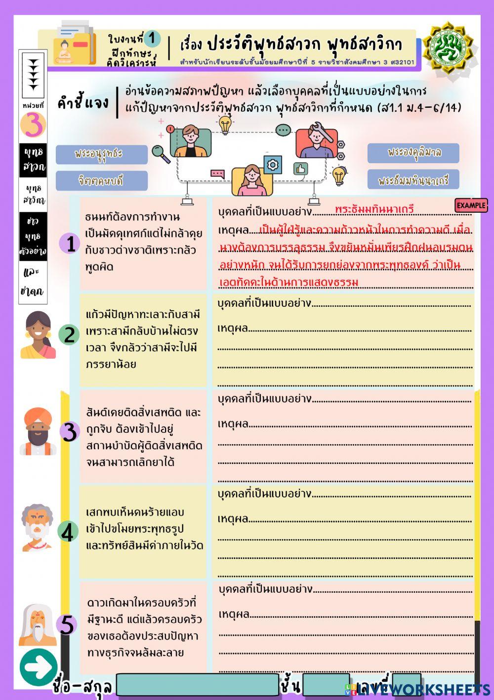ใบงานที่ 1 หน่วยการเรียนรู้ที่ 3 เรื่องประวัติพุทธสาวก พุทธสาวิกา ม.5