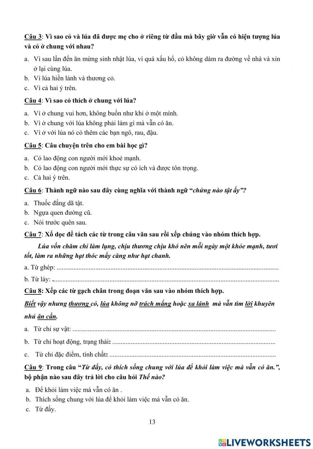 Bài tập Tiếng Việt cuối tuần 4