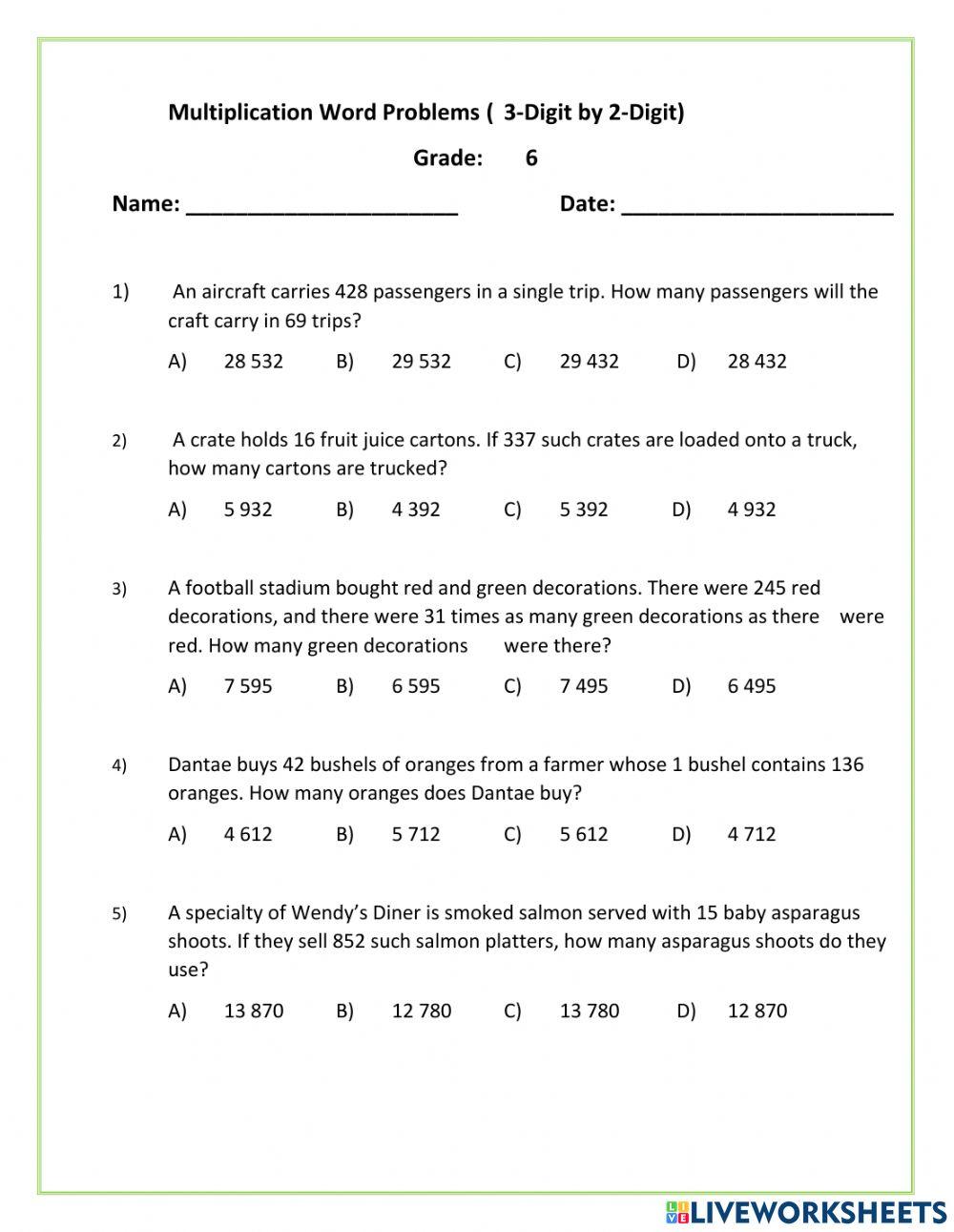 Multiplication word problems