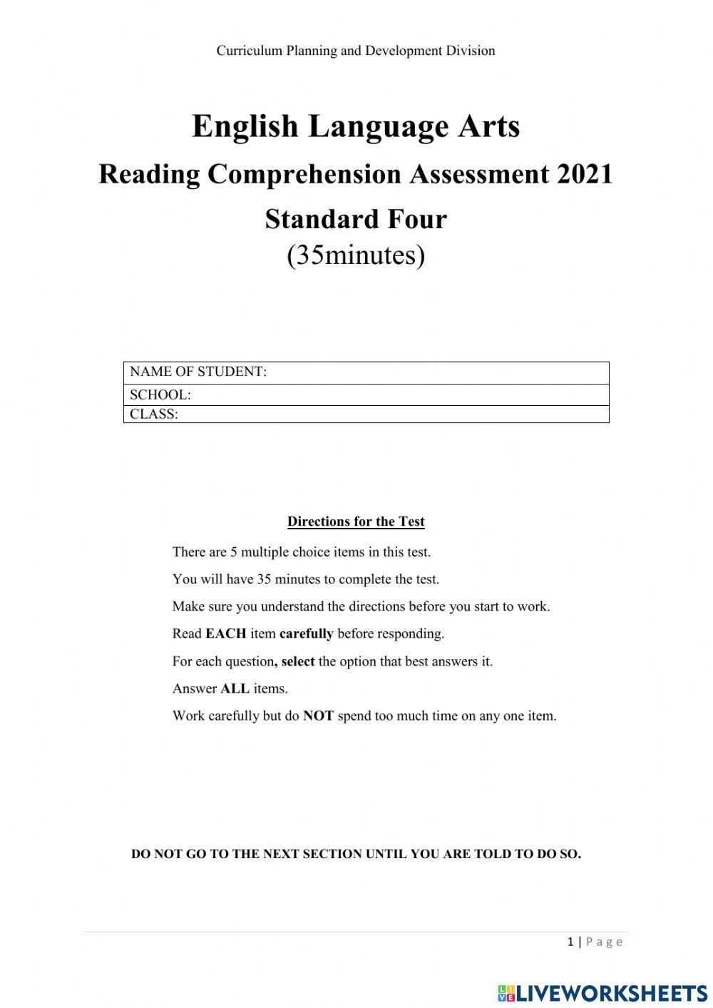 Comprehension Assessment std 4 2021