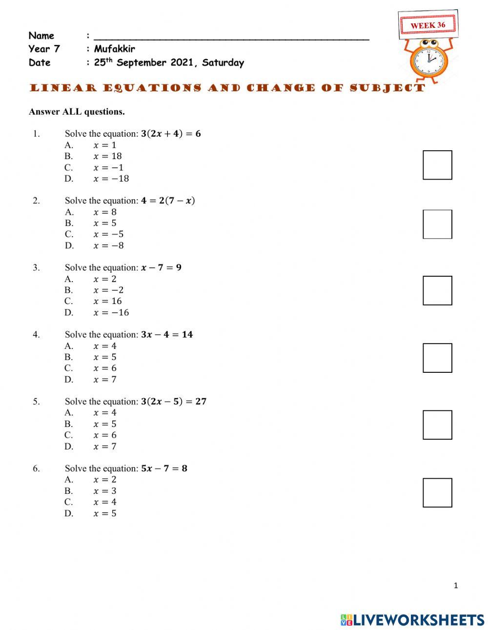 Revision Test 7D (Linear Eqns - Change the Subject)