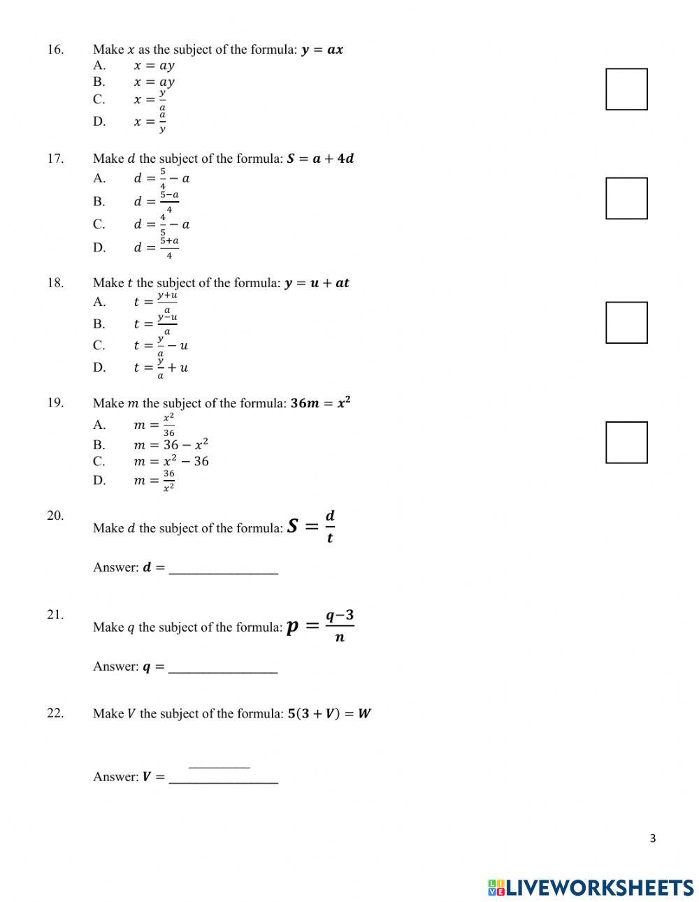 Revision Test 7D (Linear Eqns - Change the Subject)