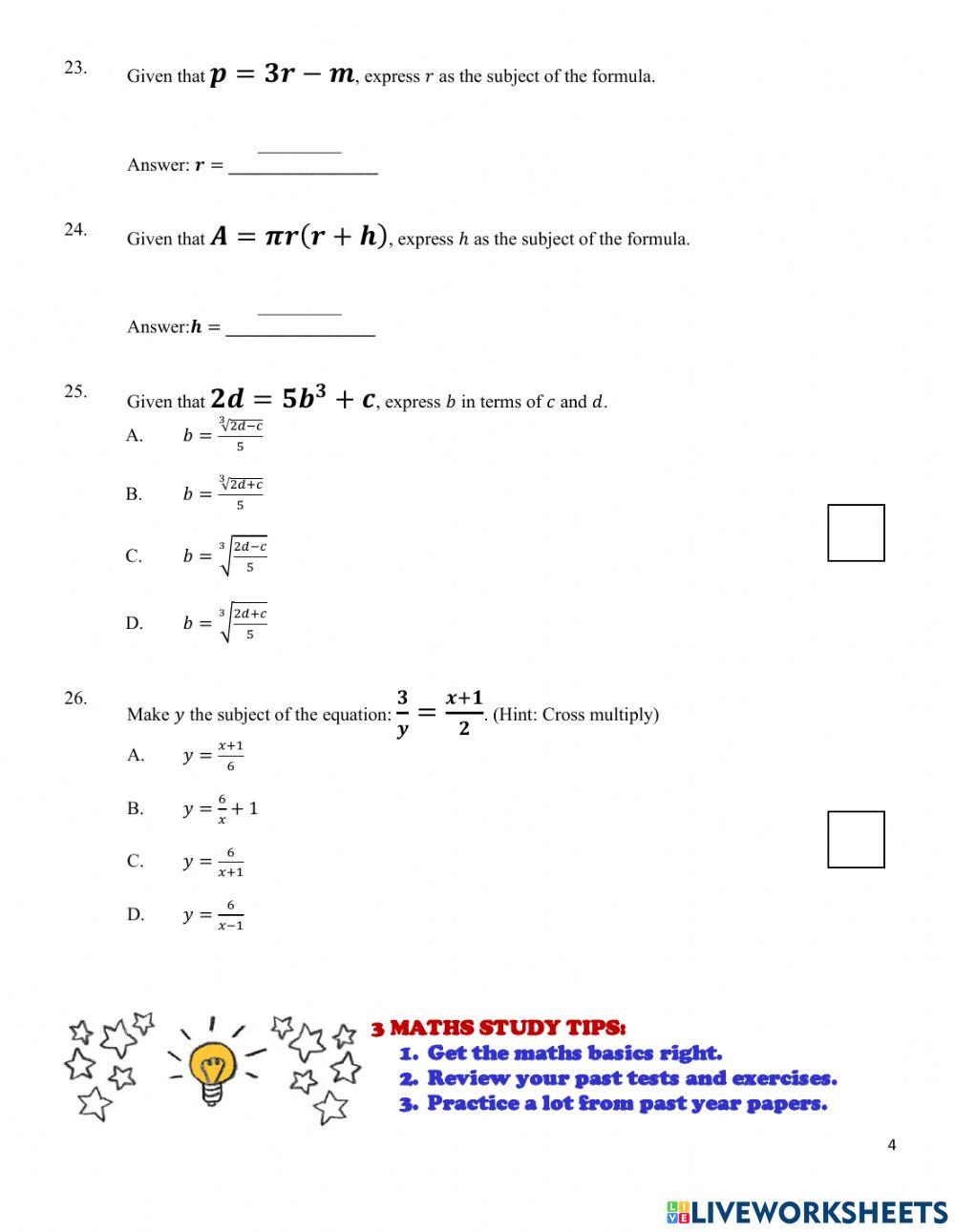 Revision Test 7D (Linear Eqns - Change the Subject)