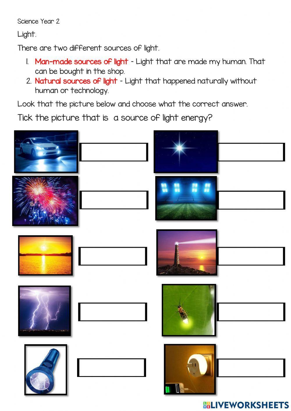 Man Made or Natural Light worksheet