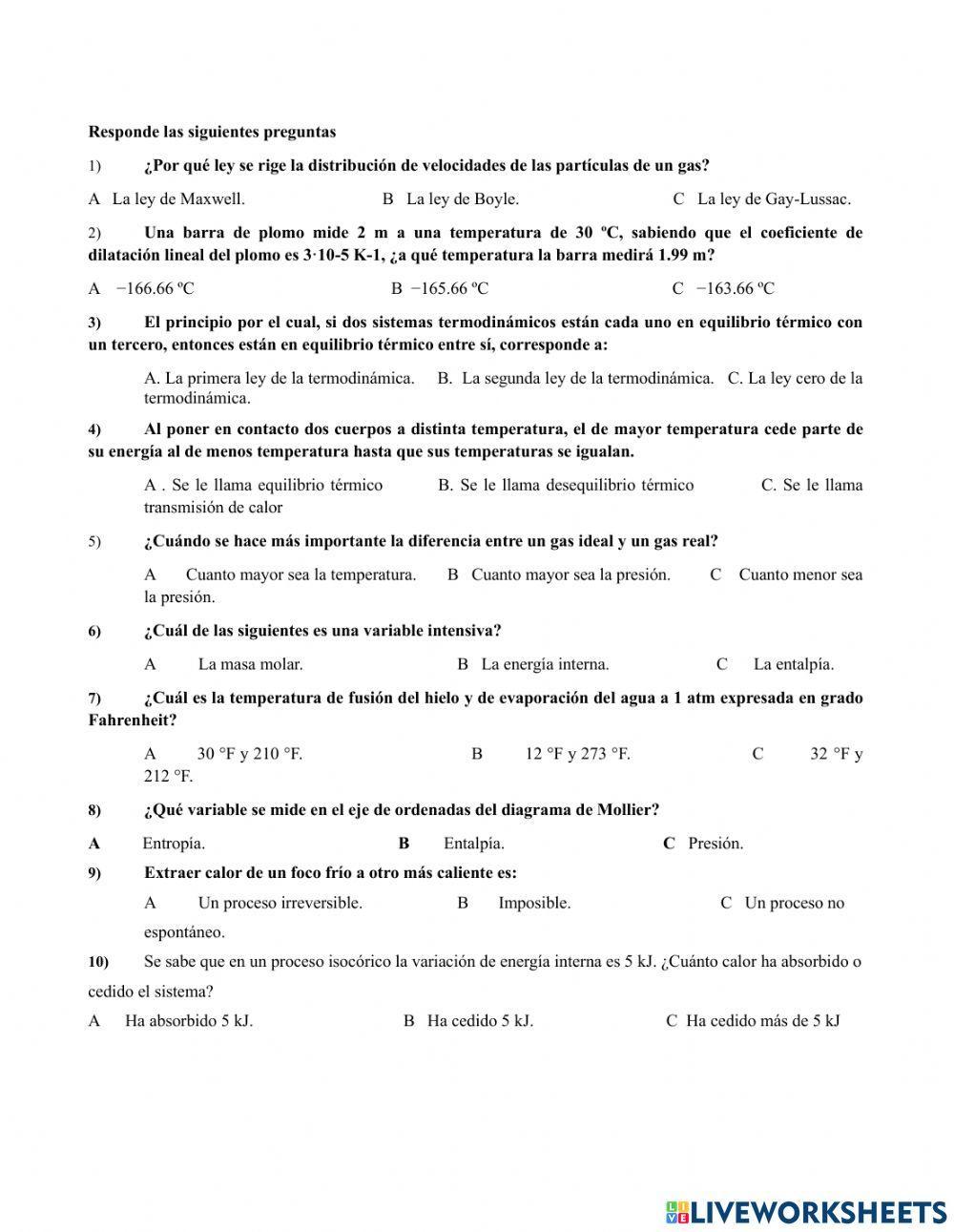 Actividad refuerzo 0, 1 y 2 ley de la Termodinámica