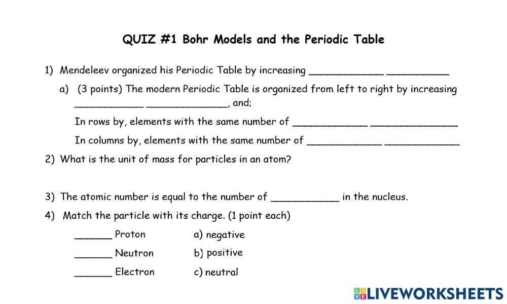 Quiz on The Periodic Table and Bohr Models-A