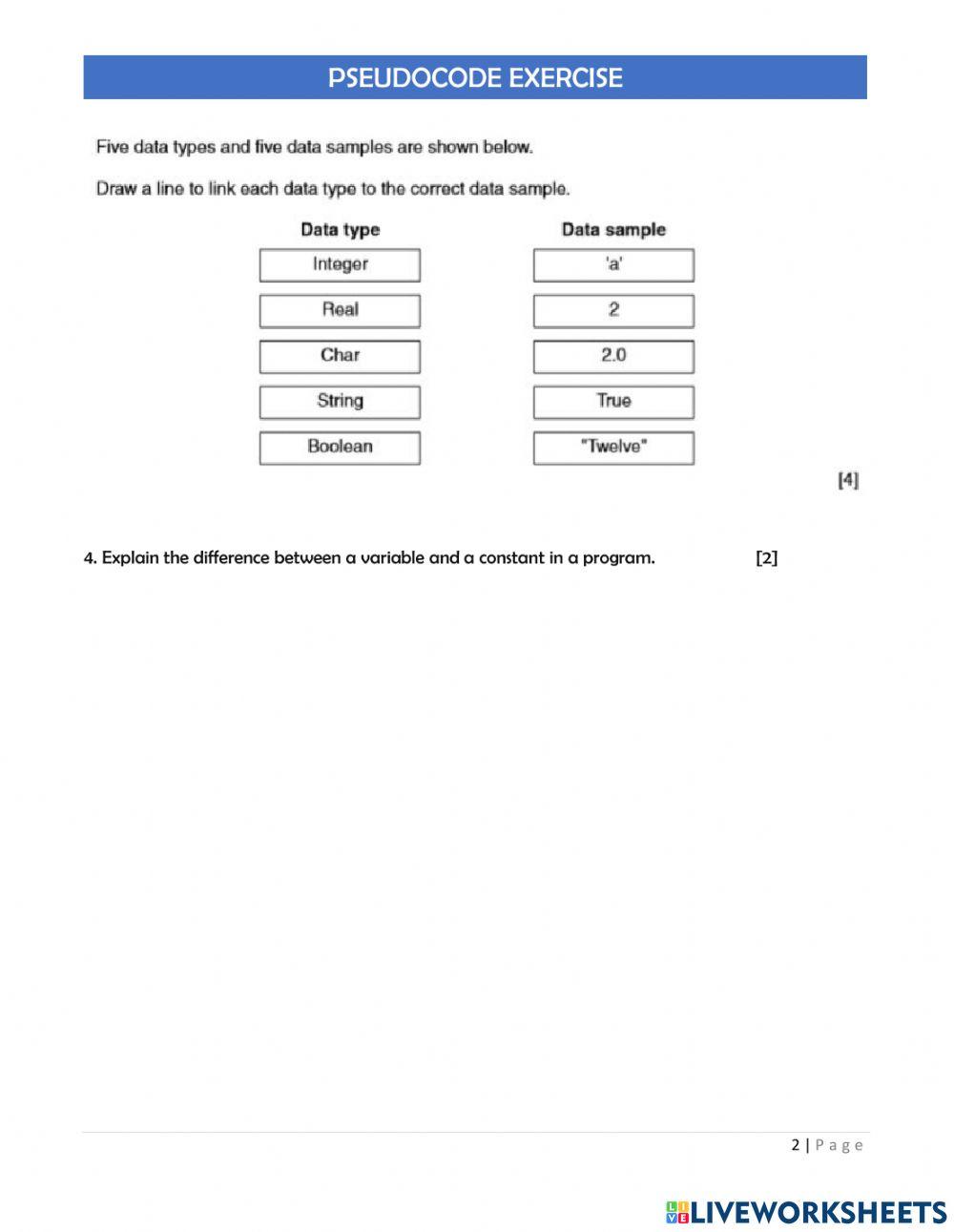 Pseudocode online exercise for live worksheets