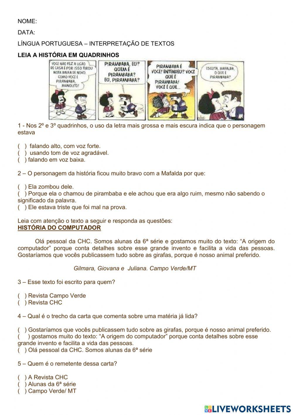 Interpretação HQ e Carta do leitor