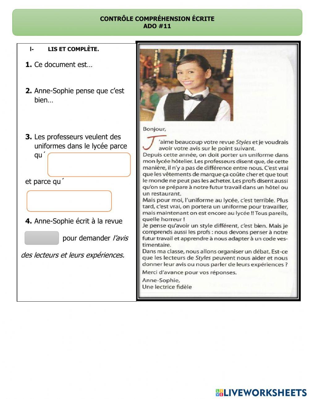 Contrôle compréhension écrite