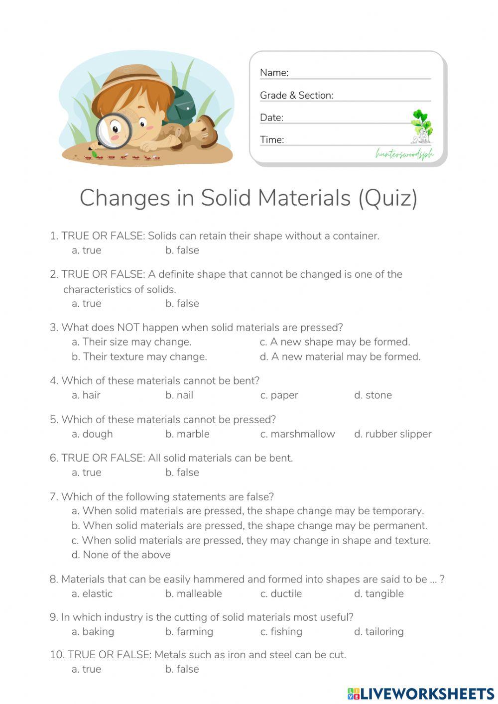 Changes in Solid Materials - HuntersWoodsPH.com Worksheet