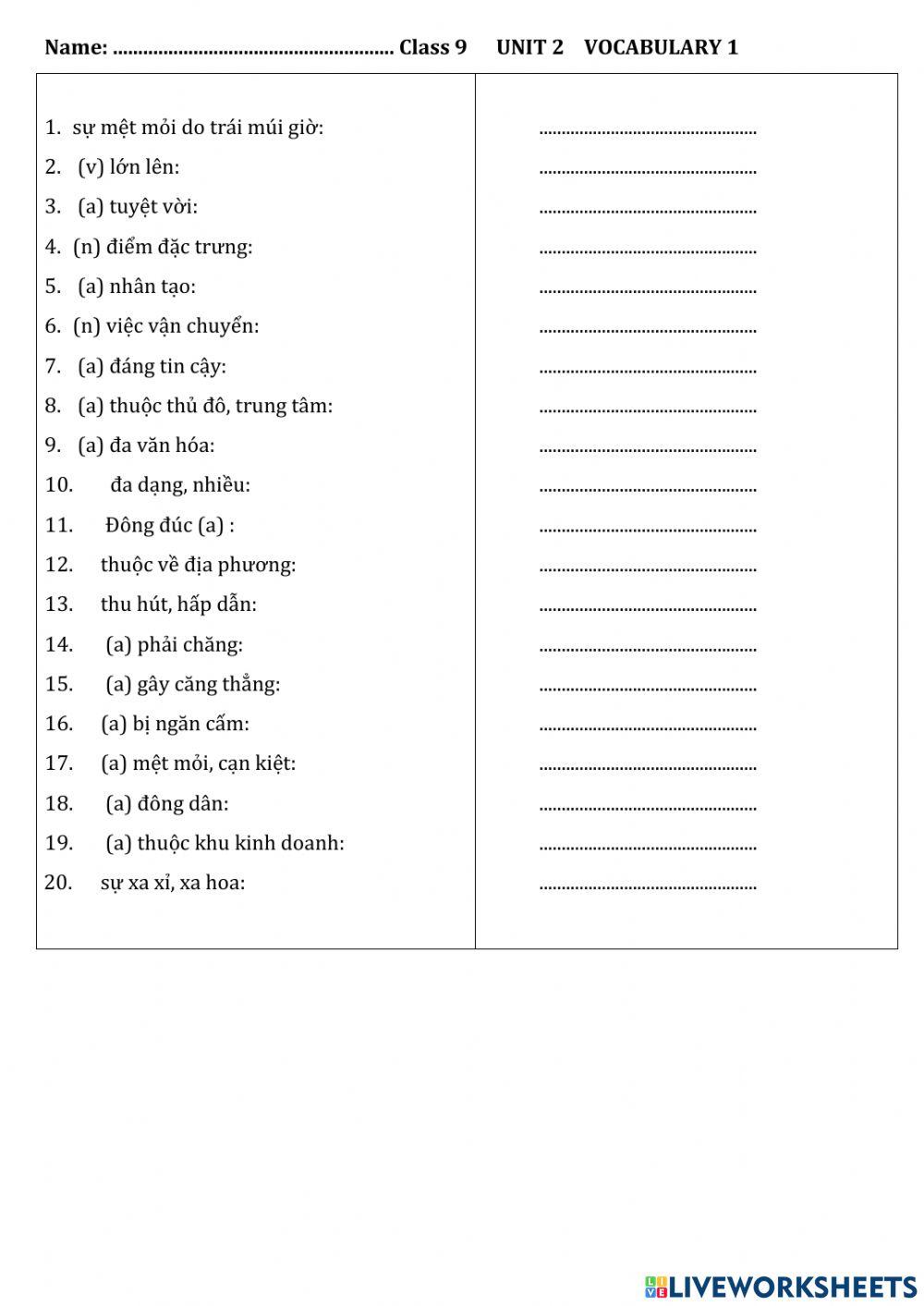 Unit 2 vocabulary - Grade 9