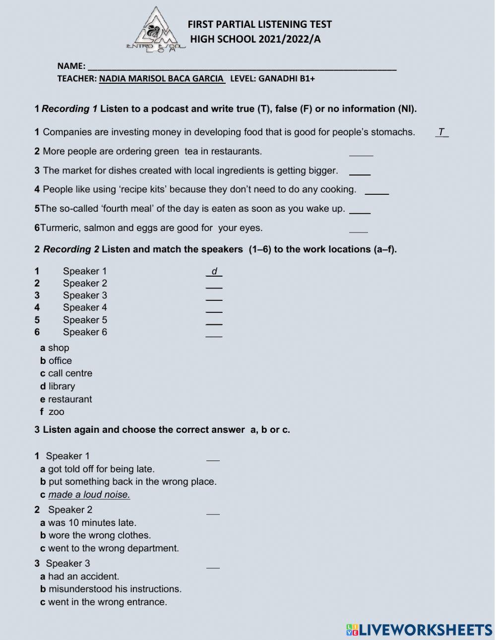 Listening TEST 1ST PERIOD GANDHI B1+