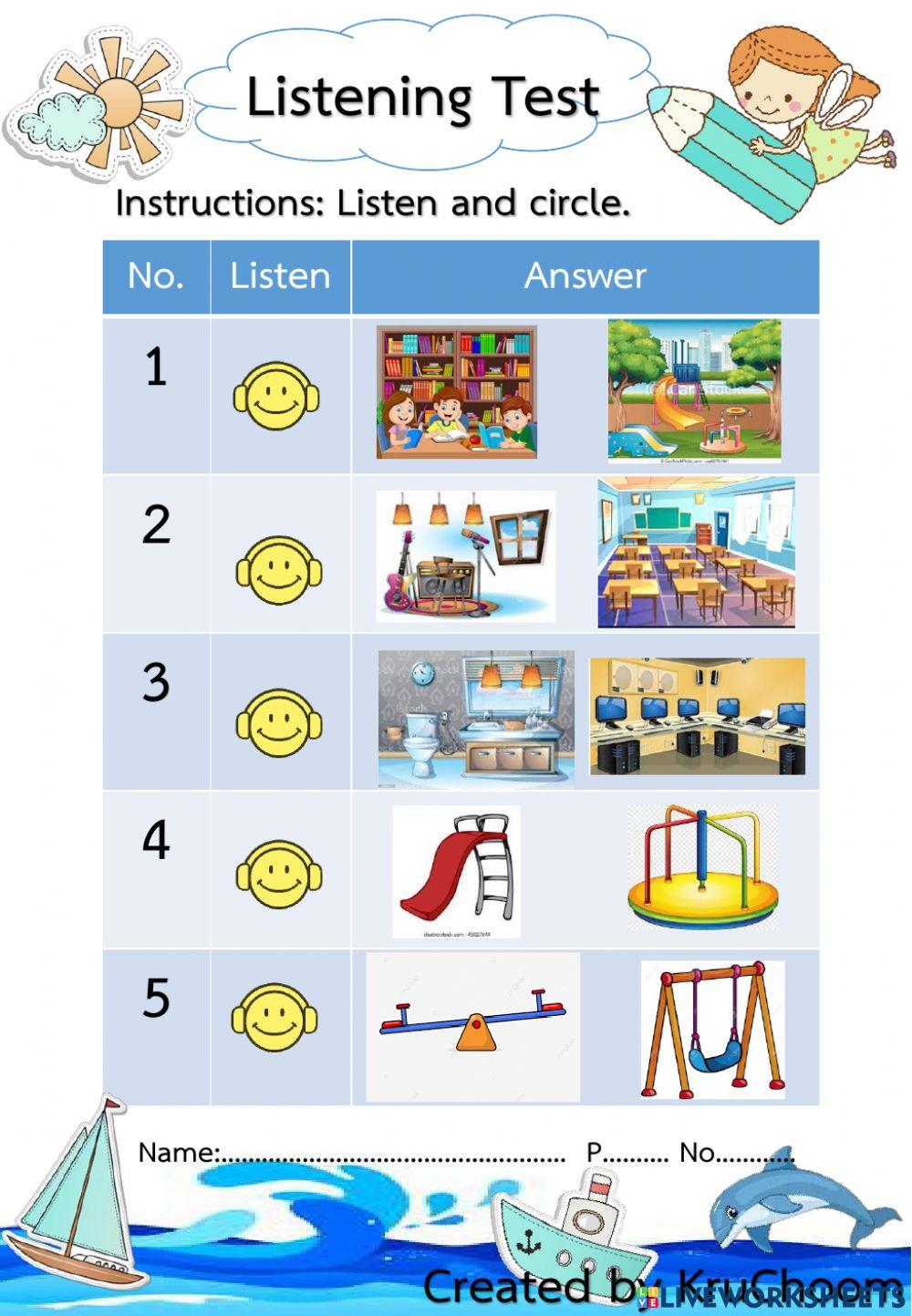 Listening Test:Places in School by Kru Choom