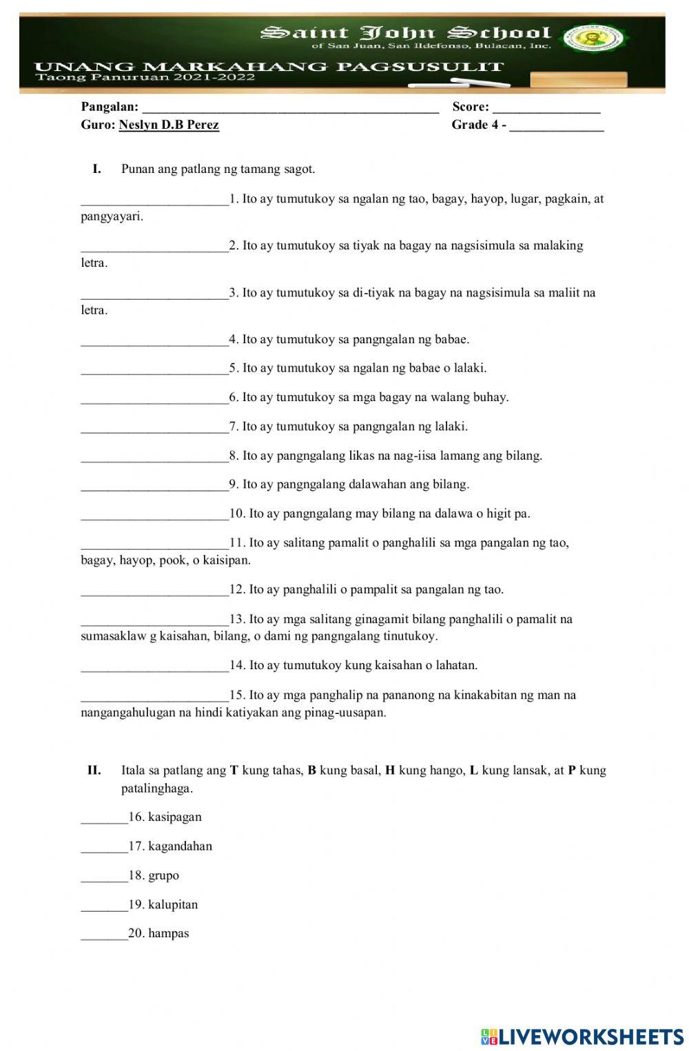 FIRST PERIODICAL EXAM IN FILIPINO 4