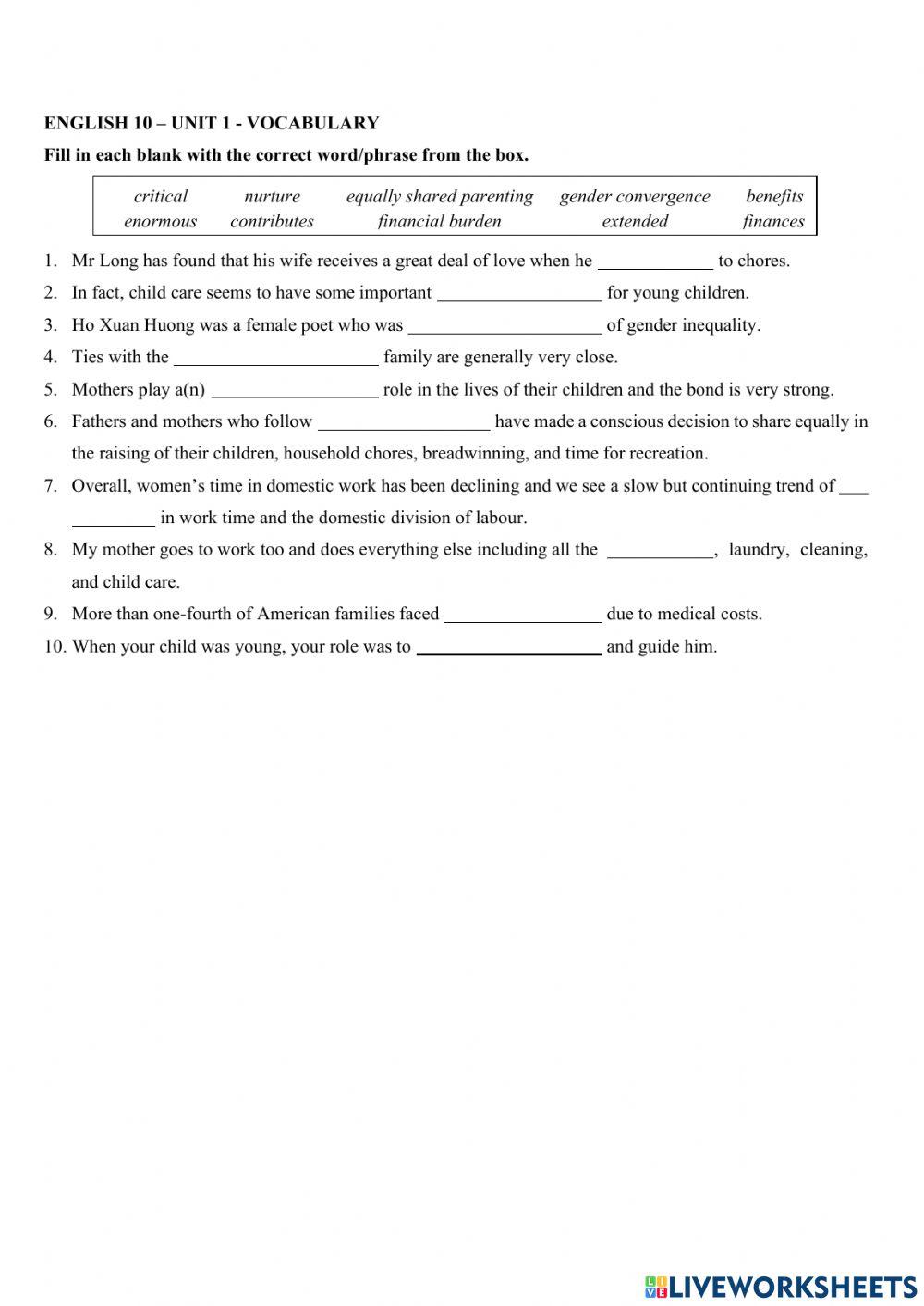 Vocabulary- FAMILY LIFE