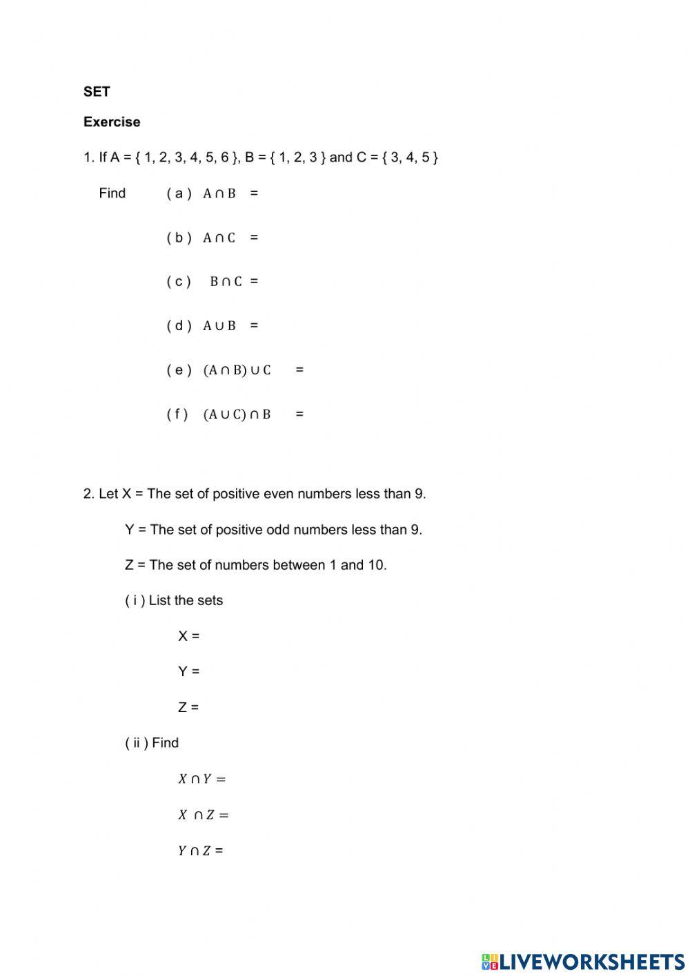 Intersection or Union of Set worksheet | Live Worksheets