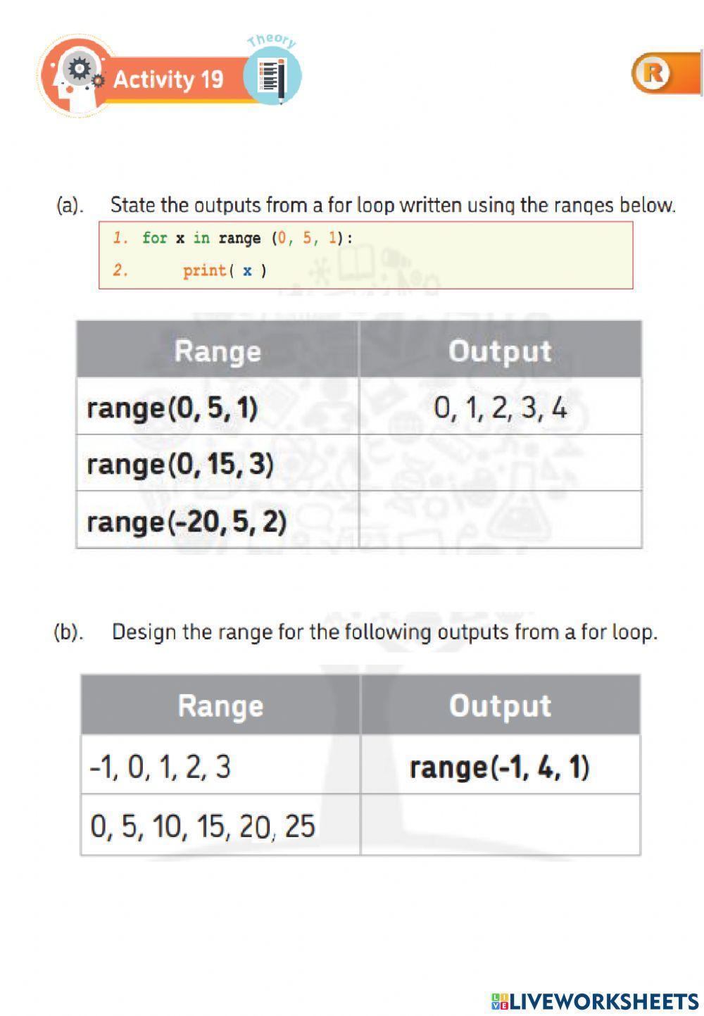 1440613 | For loop | awatifalnaqni | LiveWorksheets