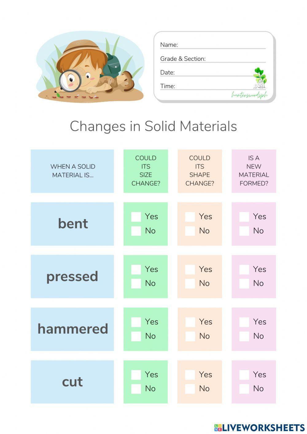 Changes in Solid Materials - HuntersWoodsPH.com Worksheet