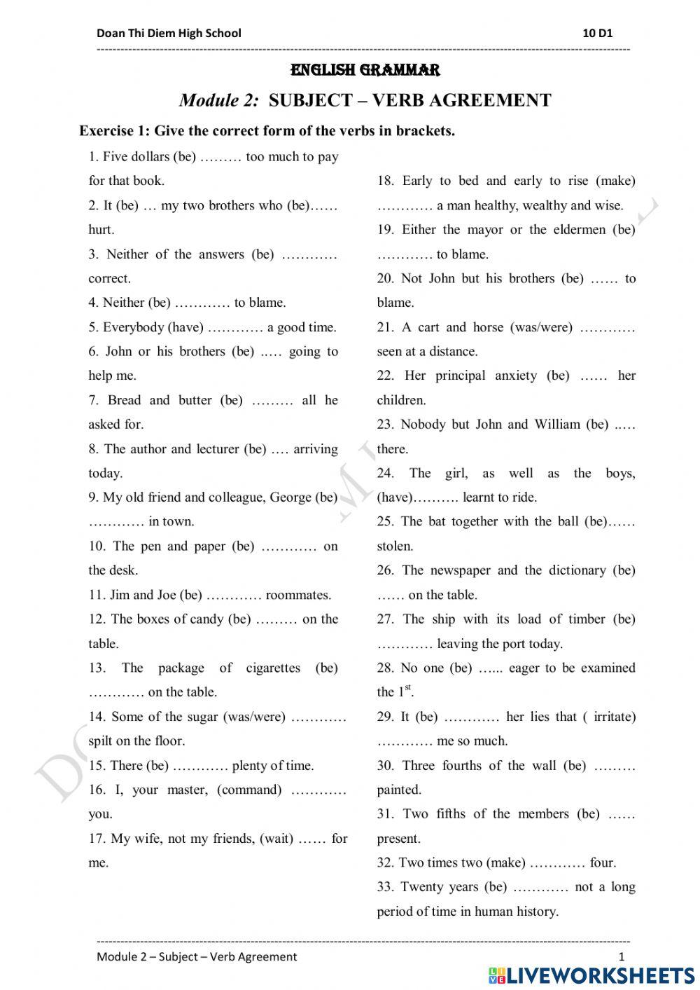 Module 2: subject - verb agreement