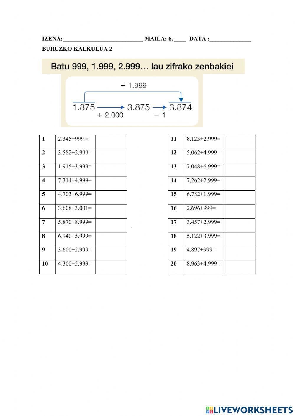 Batu 999,1.999,2.999... lau zifrako zenbakiei