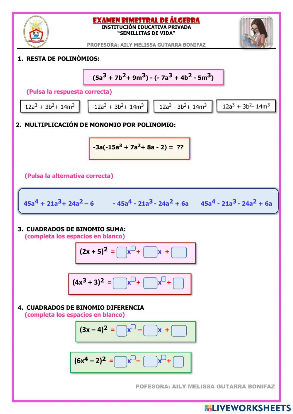 Evaluación bimestral de Álgebra