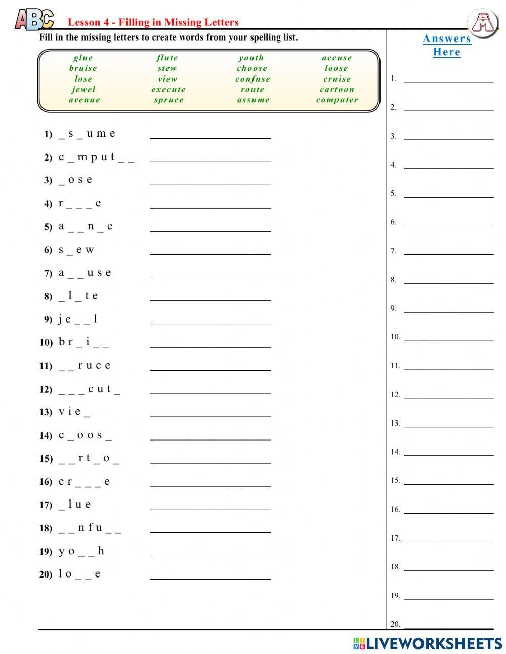 Lesson 4 - Fill Missing Letters
