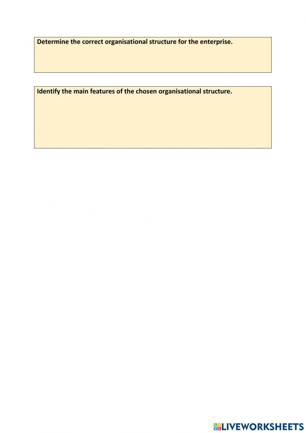 Organisational structure - identify the correct organisational structrure for the business