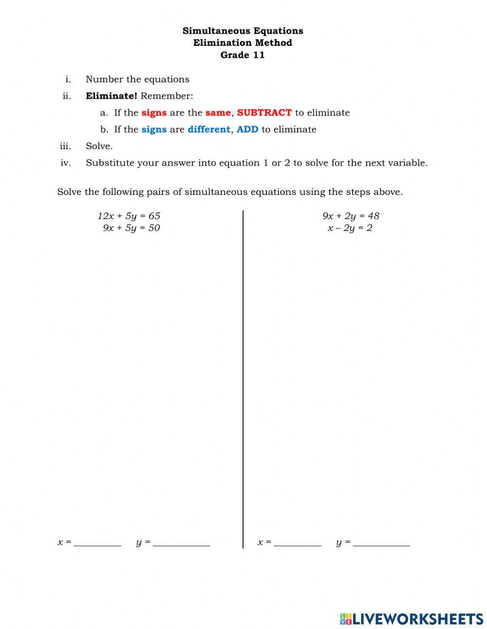 Simultaneous Equations - Elimination