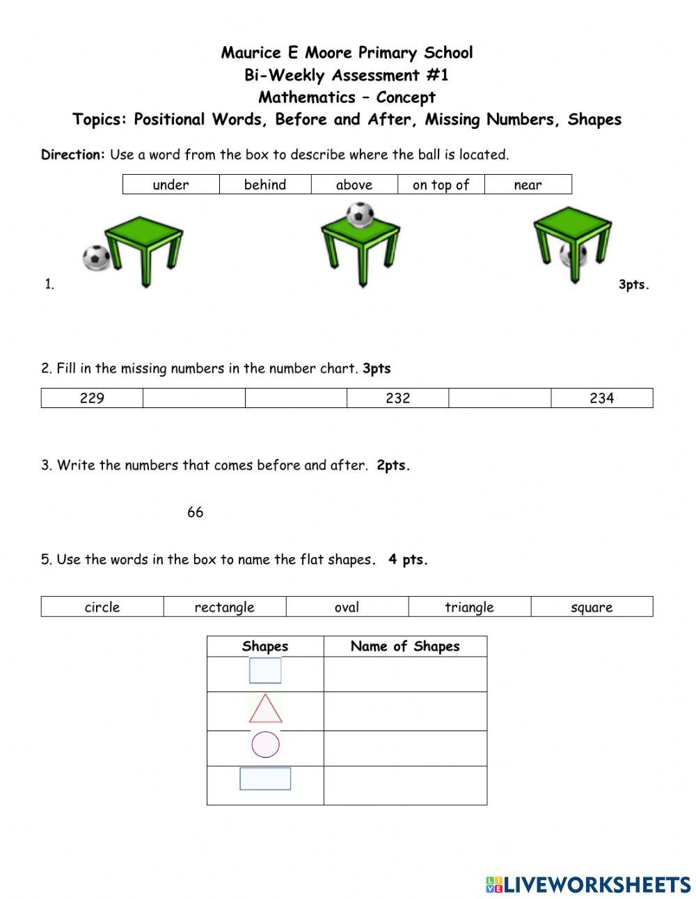 Positional Numbers, Missing Numbers, Before and After, Shapes