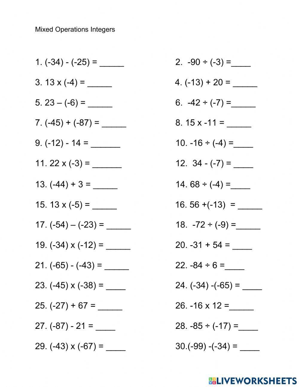 Mixed Operations Integers worksheet | Live Worksheets mixed-operations-integers-worksheet-live-worksheets