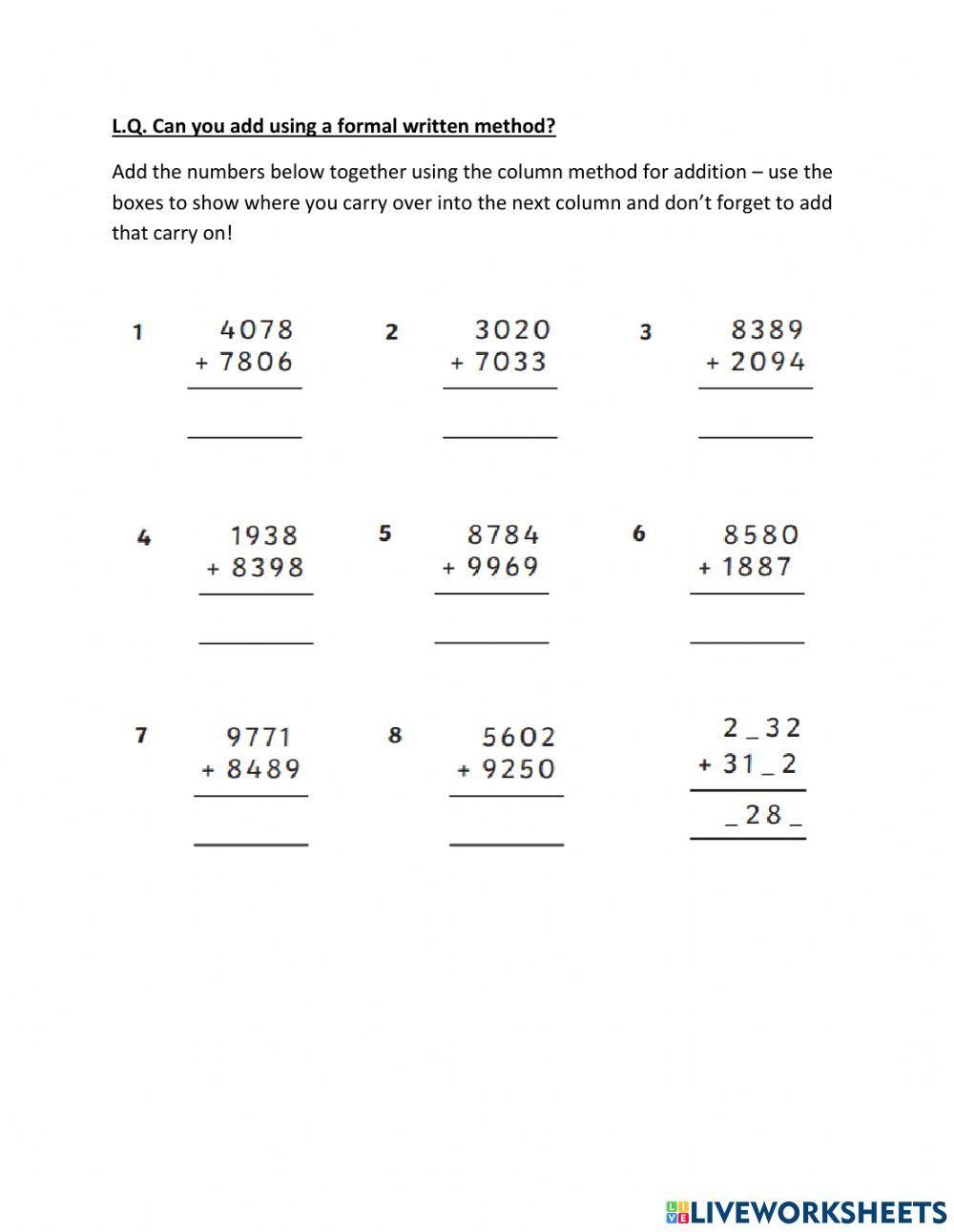 1442820 Column addition Rhian Pugh LiveWorksheets
