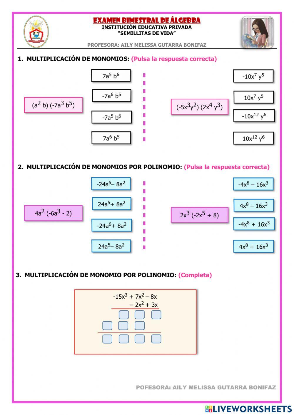 Evaluación bimestral de Álgebra