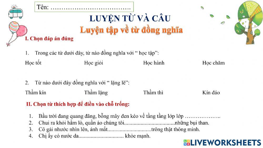 Luyện tập từ đồng nghĩa - Tuần 1