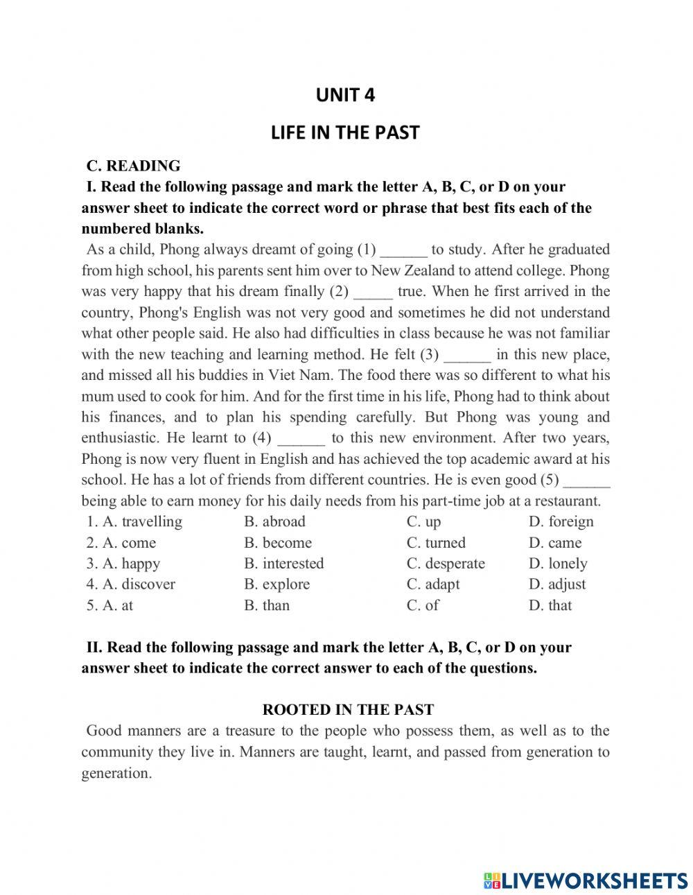Reading-Unit 4-Life in the past