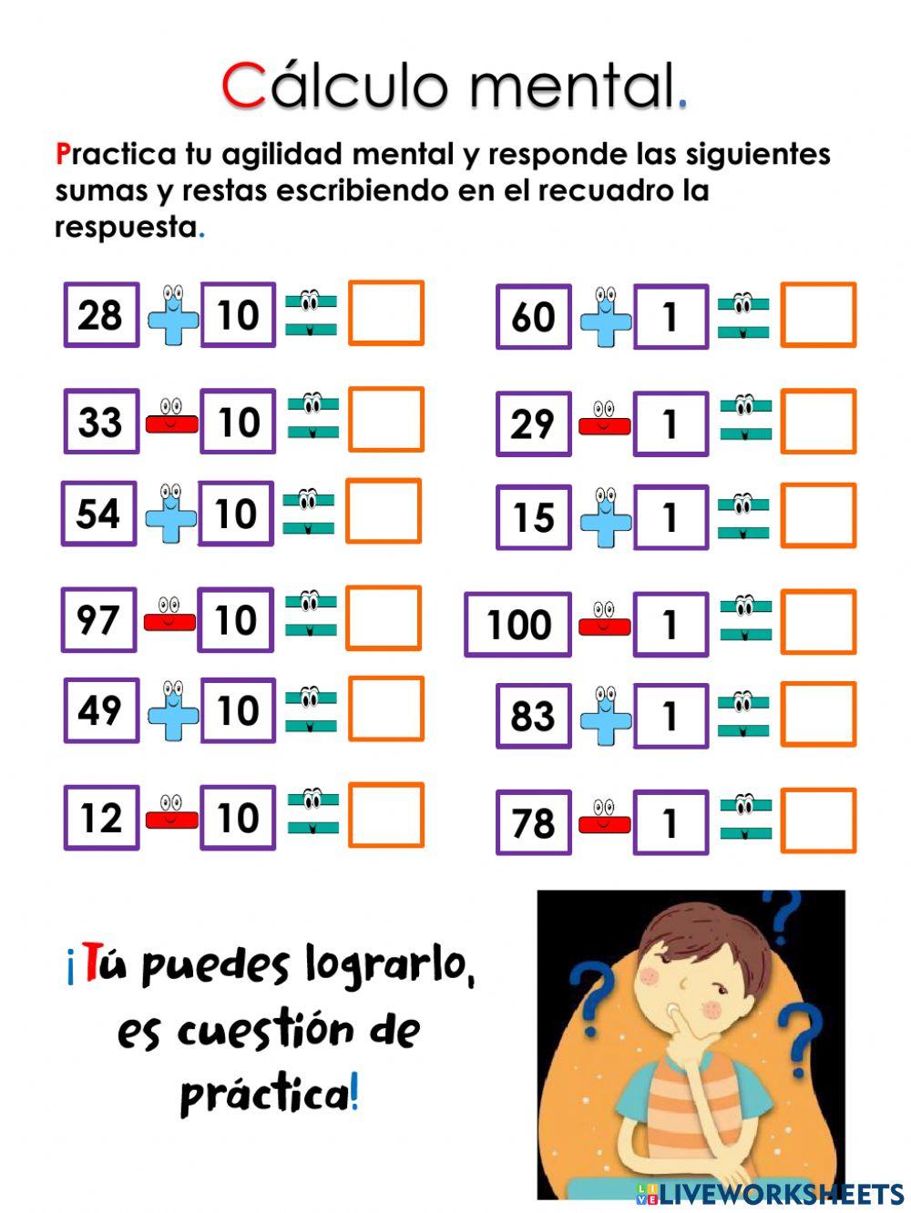 Cálculo mental sumas y restas de 10 y 1