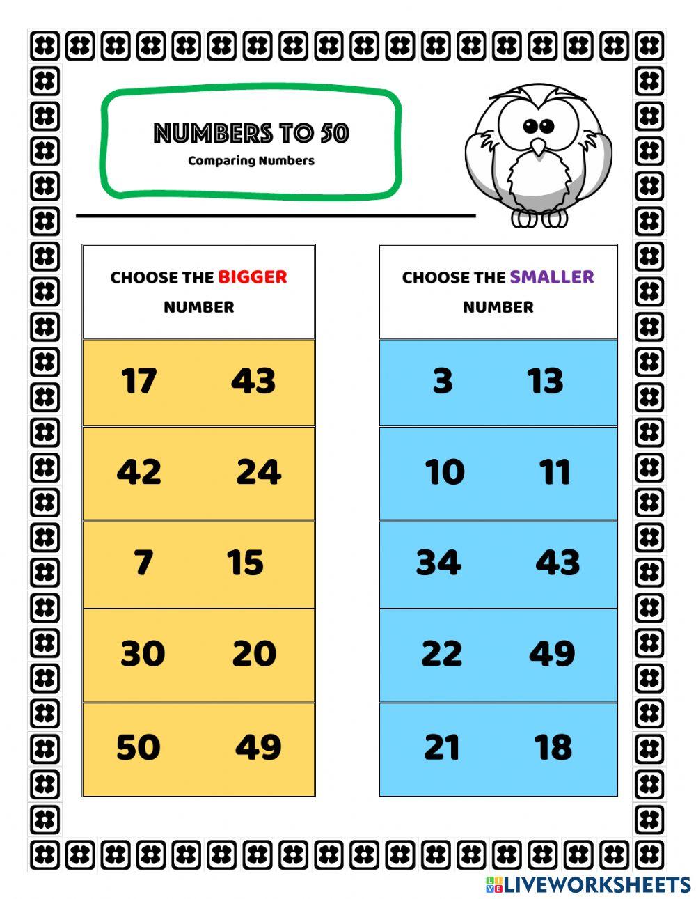 Comparing numbers to 50