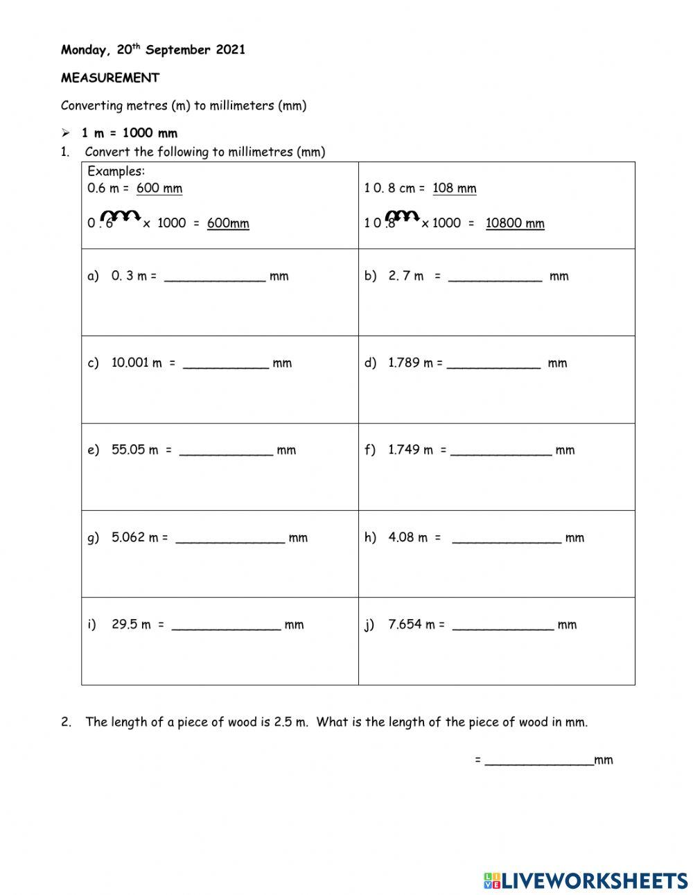 Converting metres to millimetres