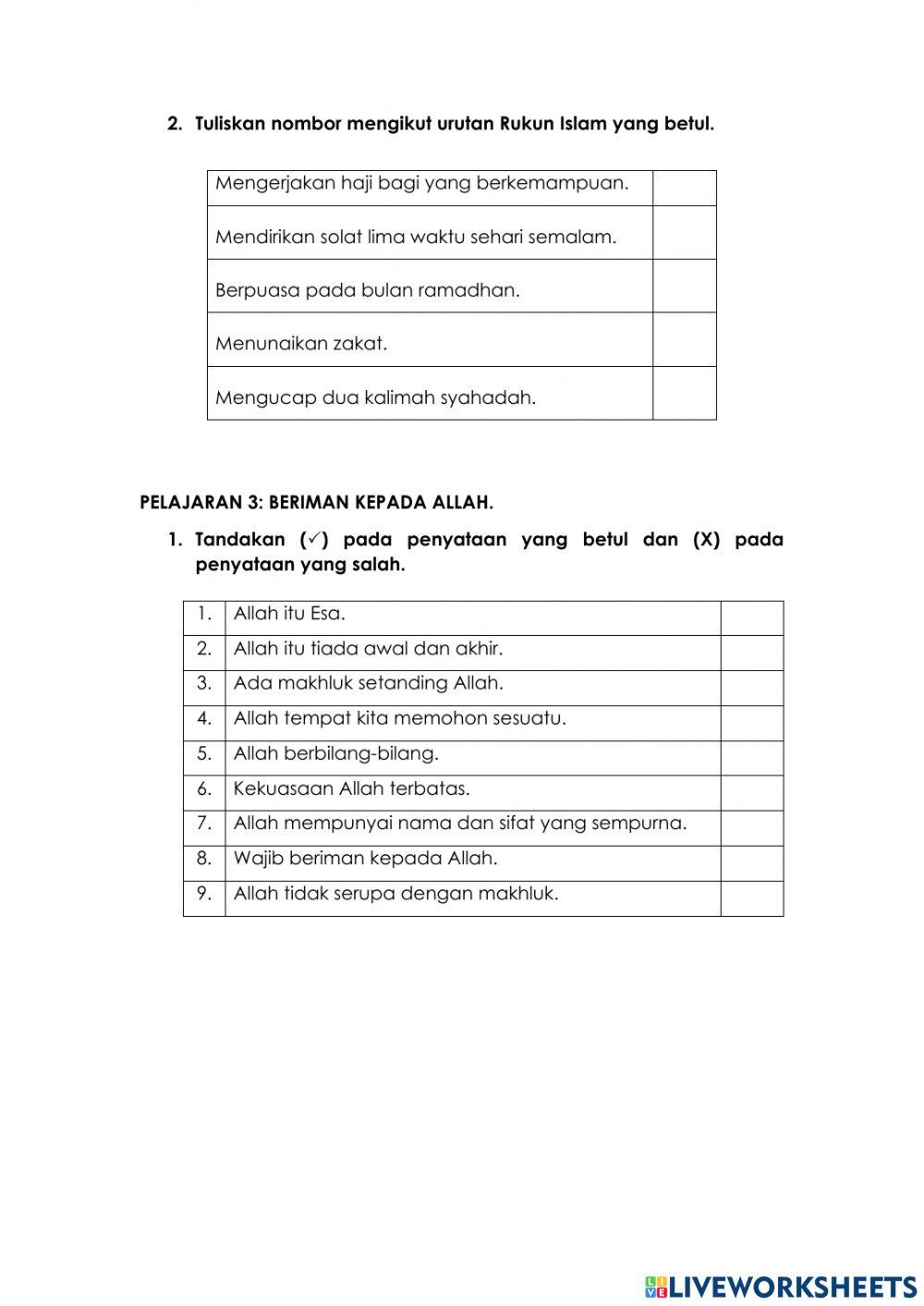 Latihan ulang kaji tauhid tahun 1