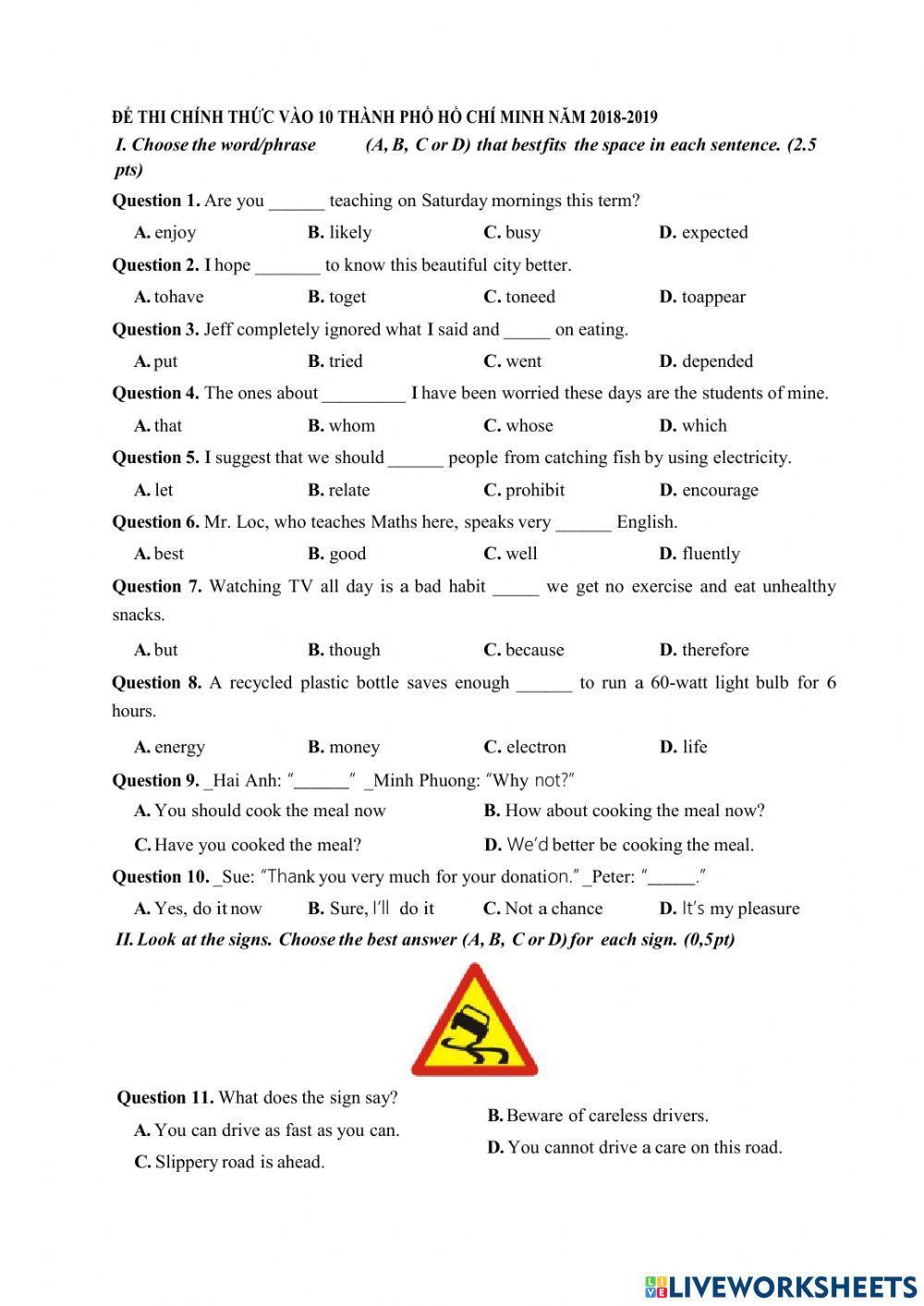 Đề Thi Tiêng Anh vào 10- 2019-2020