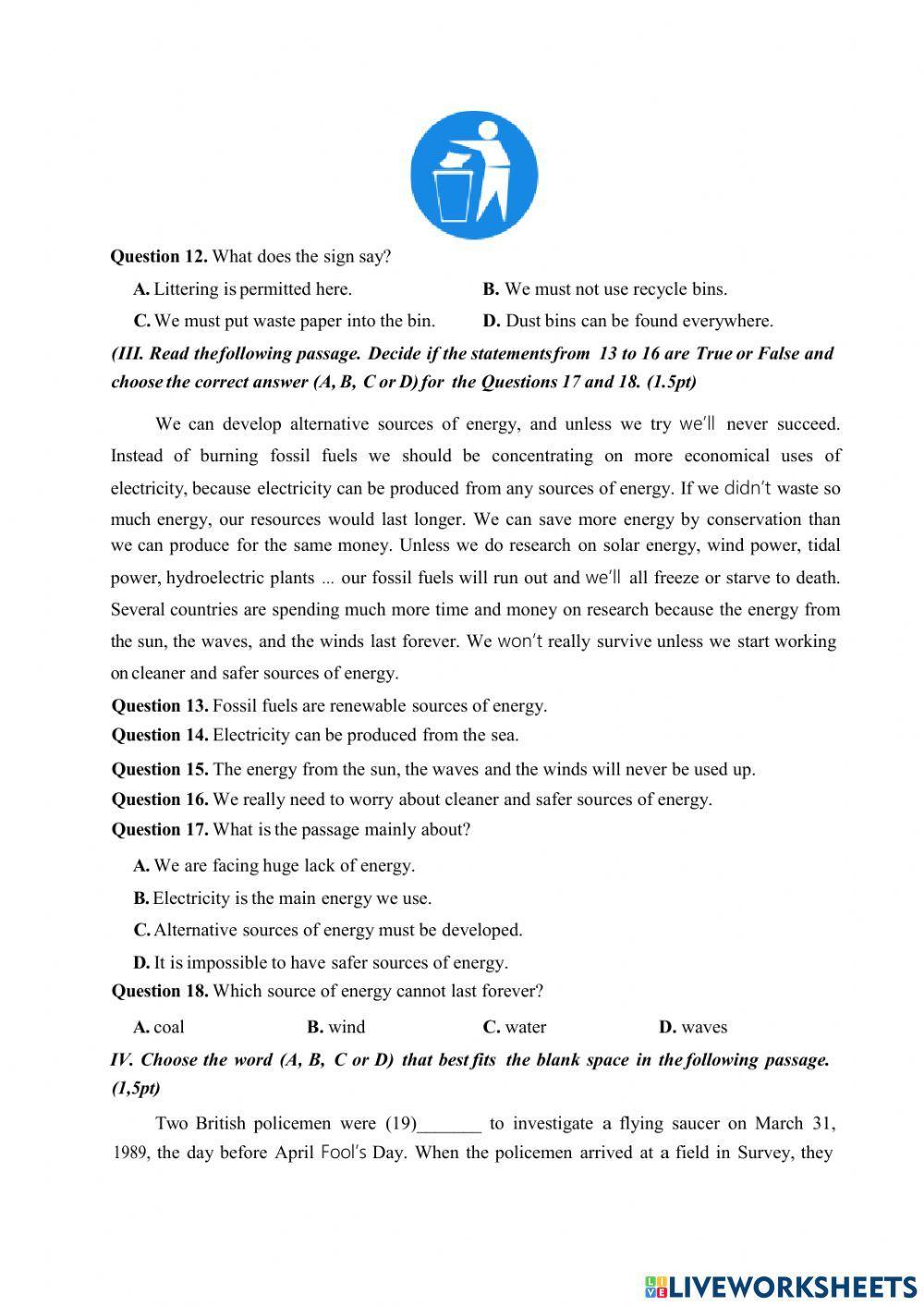 Đề Thi Tiêng Anh vào 10- 2019-2020