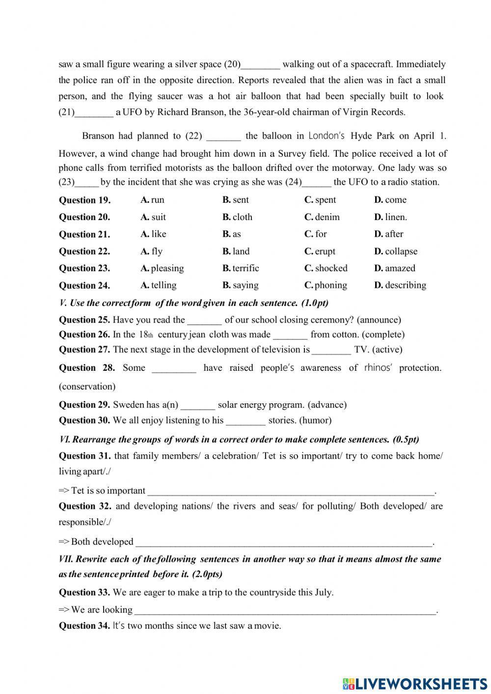 Đề Thi Tiêng Anh vào 10- 2019-2020