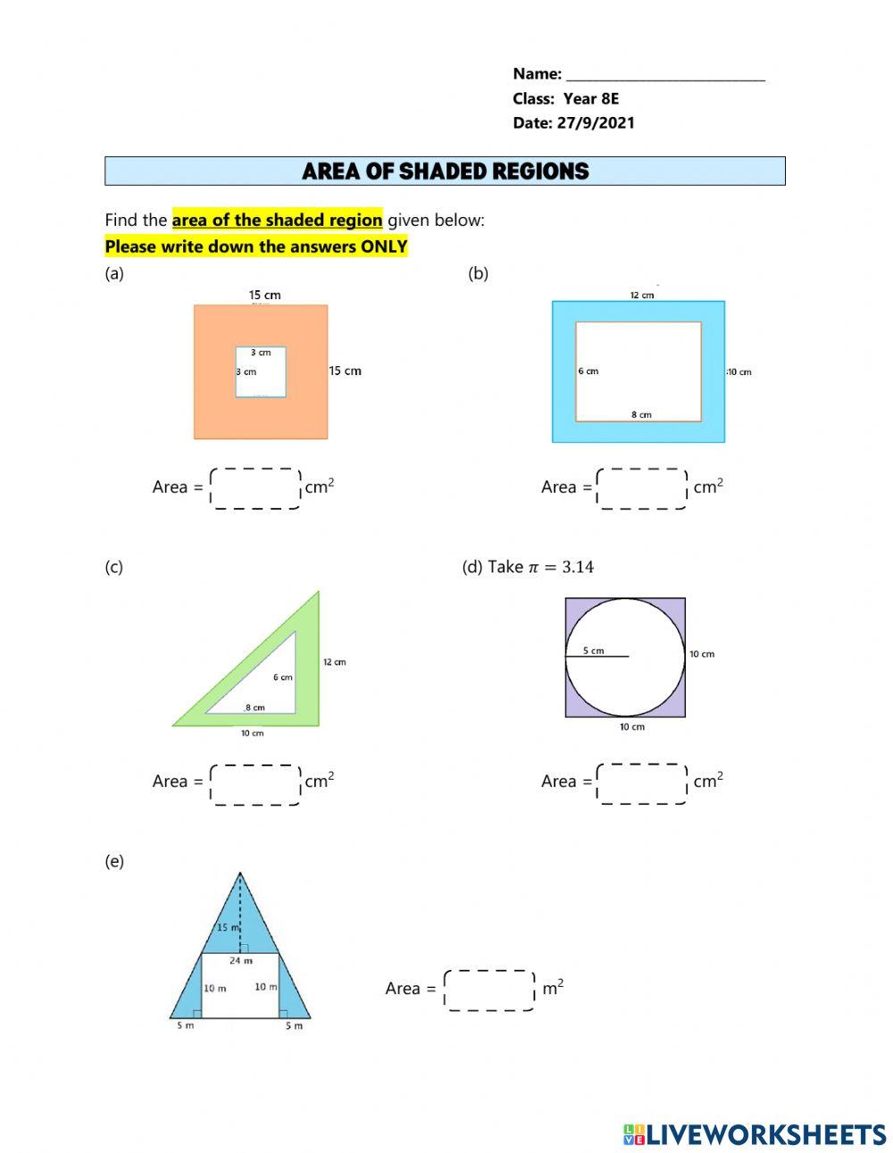 Area of shaded regions online exercise for Live Worksheets