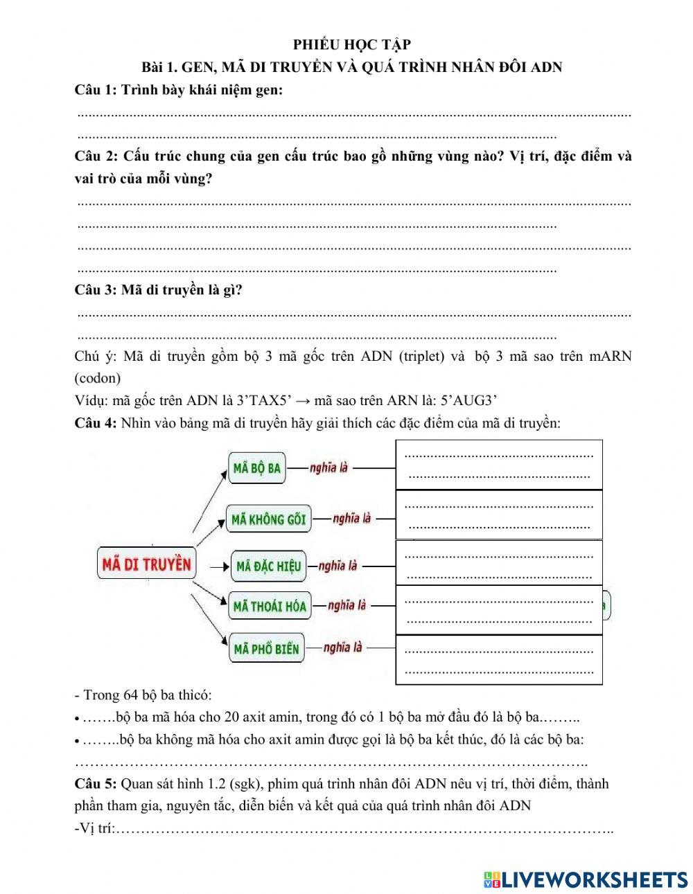 Phiếu học tập bài 1- sinh 12 cơ bản