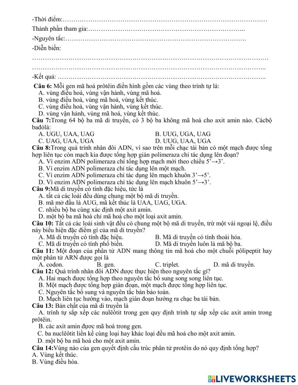 Phiếu học tập bài 1- sinh 12 cơ bản