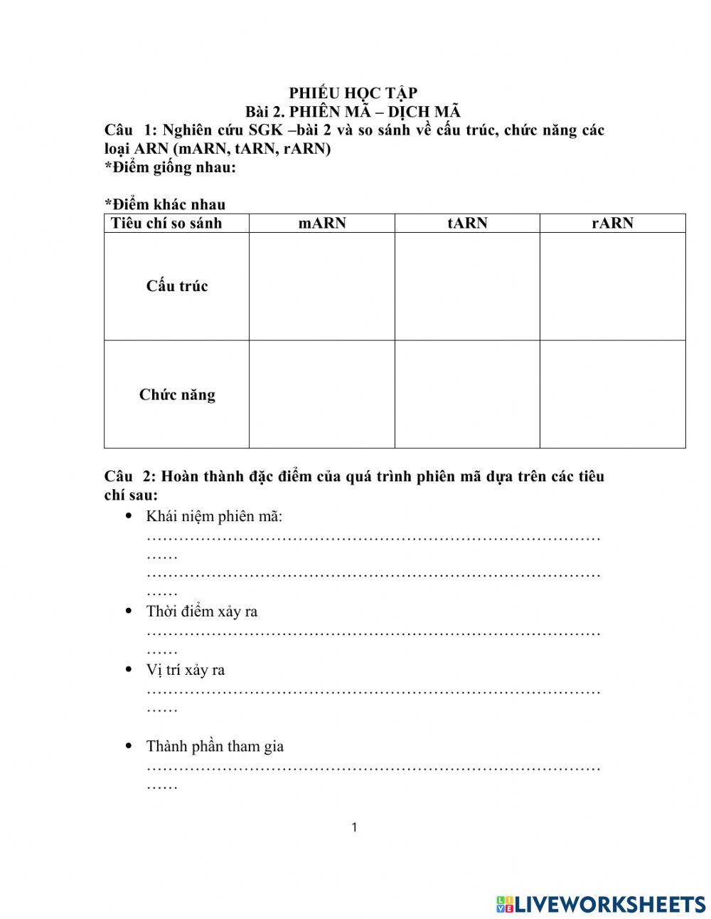 Phiếu học tập bài 2: PHIÊN MÃ-DỊCH MÃ- sinh 12 cơ bản