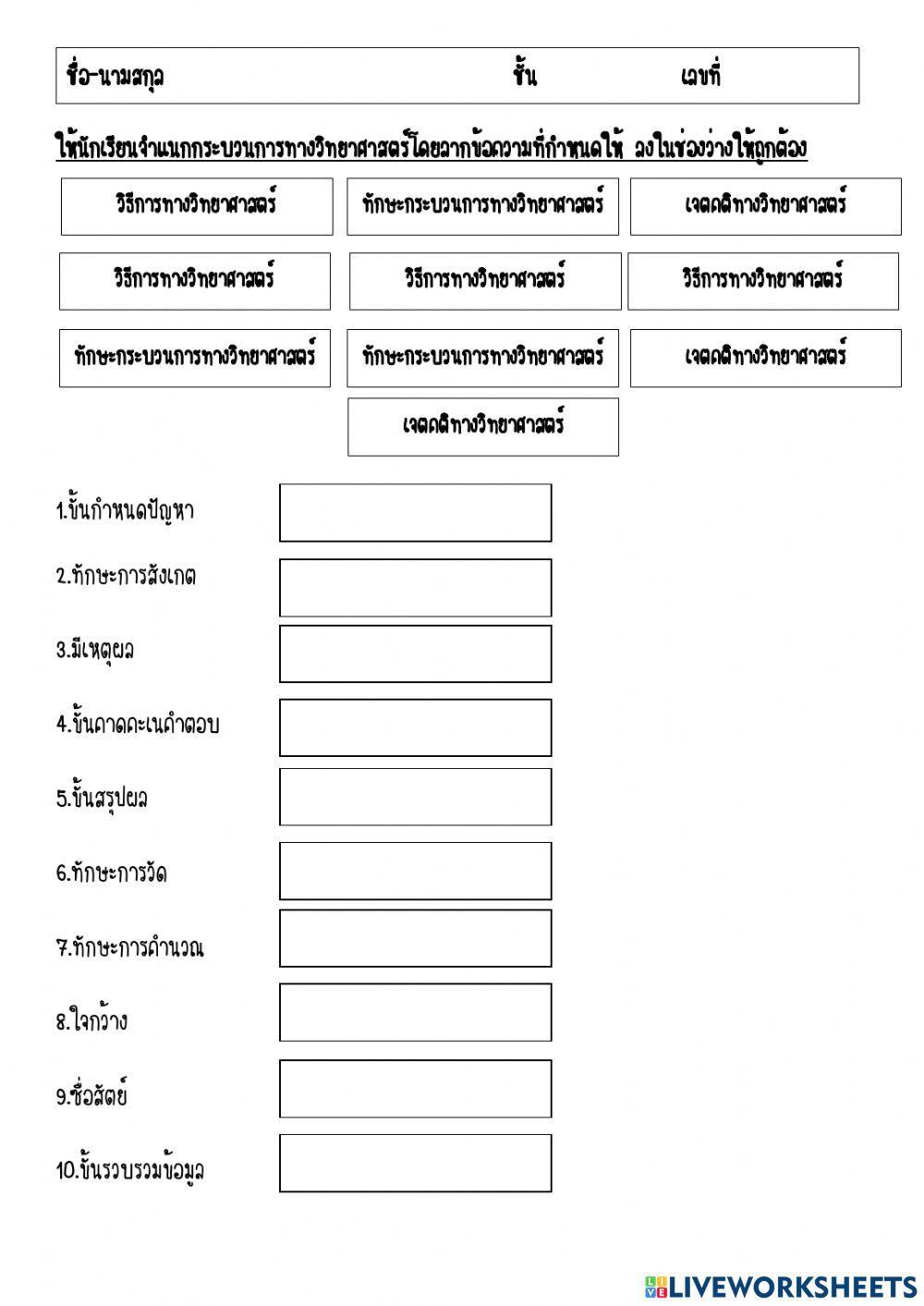 ใบงานการจำแนกกระบวนทางวิทยาศาสตร์