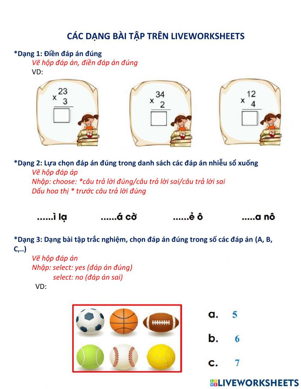 Cách tạo một số bài tập trong liveworksheet