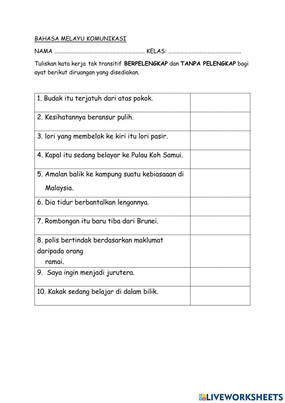 Kata kerja tak transitif berpelangkap dan tanpa pelengkap